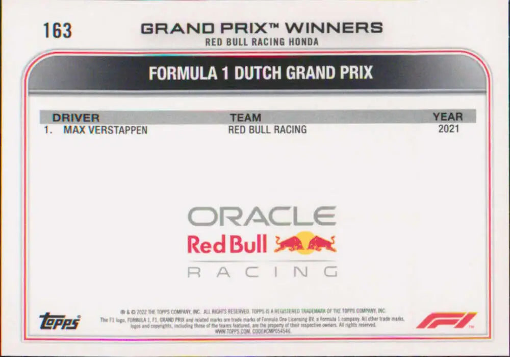 Max Verstappen 2021 Dutch GP victory Topps Formula 1 racing card for Red Bull Racing