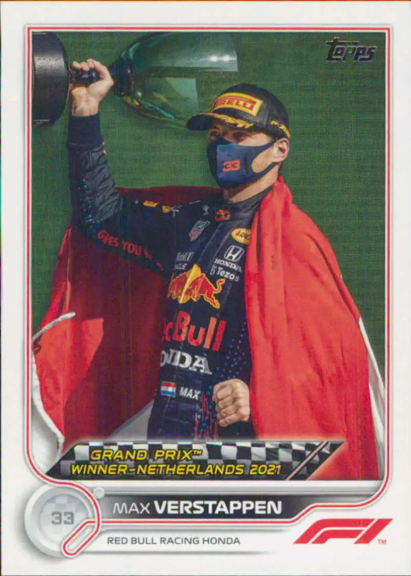 Max Verstappen celebrating victory in Red Bull uniform on 2022 Topps Formula racing card