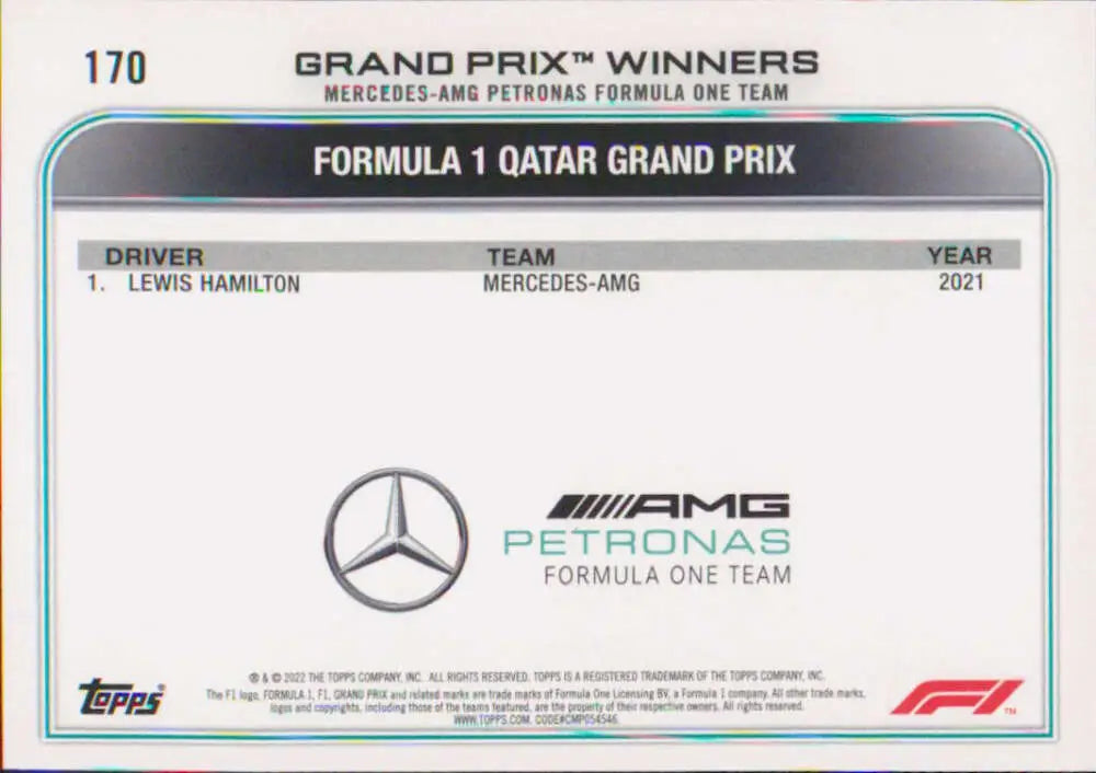 Lewis Hamilton Racing Card from 2022 Topps Formula 1 Qatar Grand Prix Victory