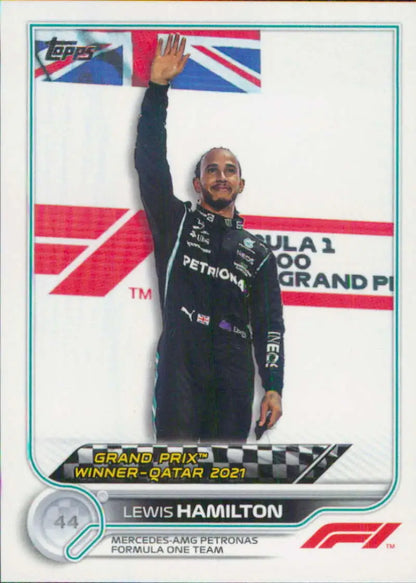 Lewis Hamilton celebrating on a Topps Formula 1 racing card featuring Mercedes-Petronas