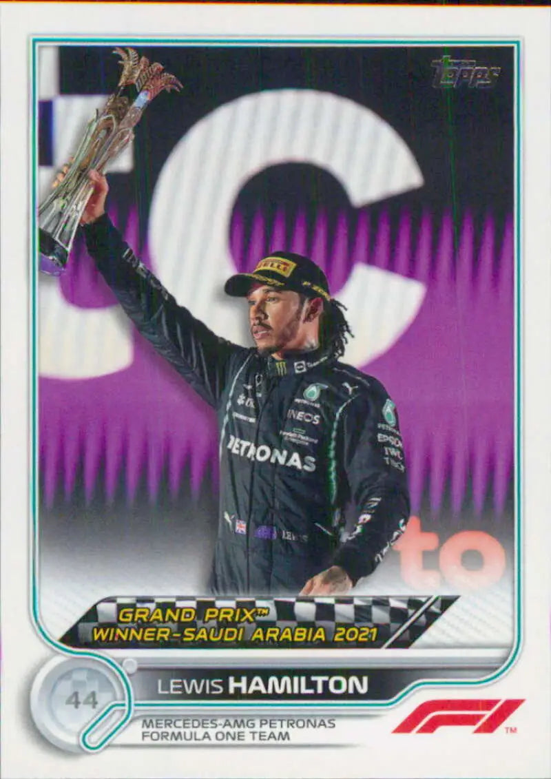 Lewis Hamilton celebrating victory on a Topps Formula 1 racing card from 2022