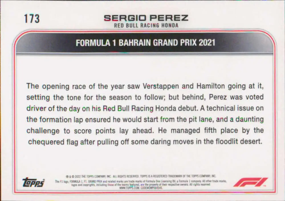 Sergio Perez 2022 Topps Formula 1 #173 Racing Card featuring 2021 Bahrain Grand Prix text