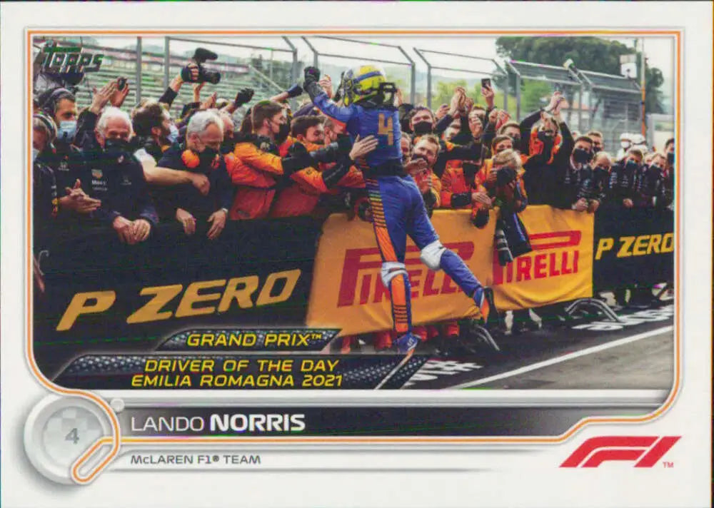 Lando Norris celebrating with fans at the 2021 Emilia Romagna Grand Prix racing card