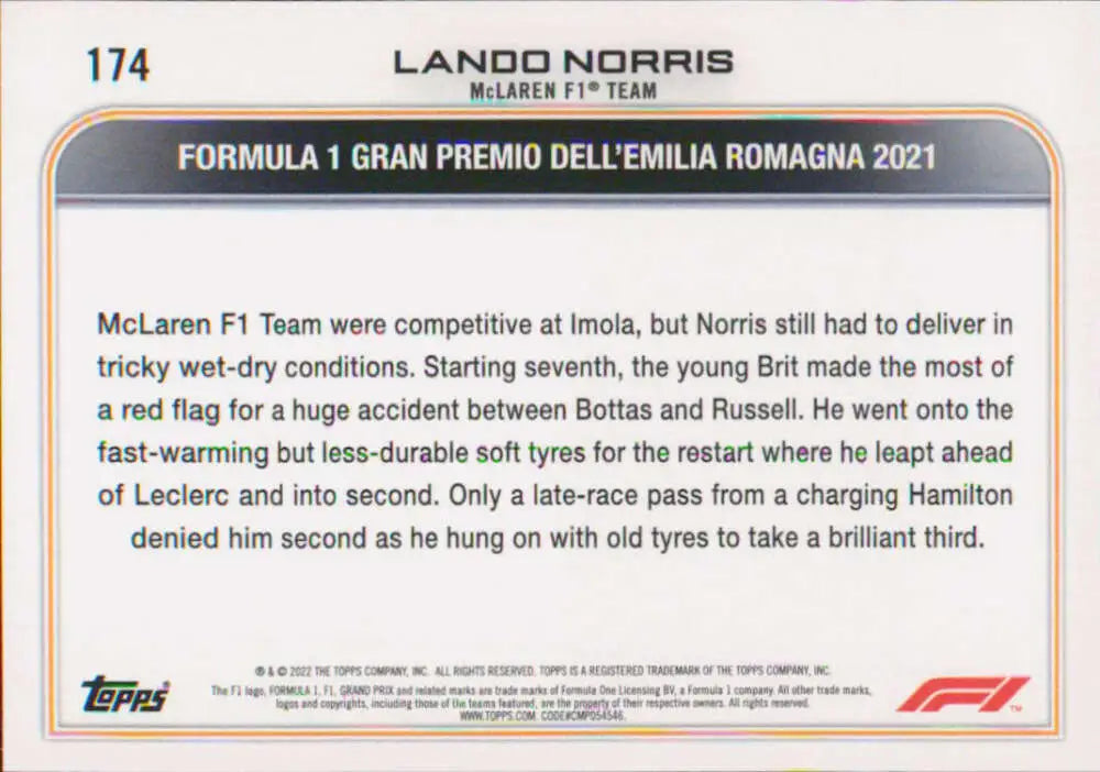 2022 Topps Formula 1 racing card of Lando Norris featuring Emilia Romagna Grand Prix details