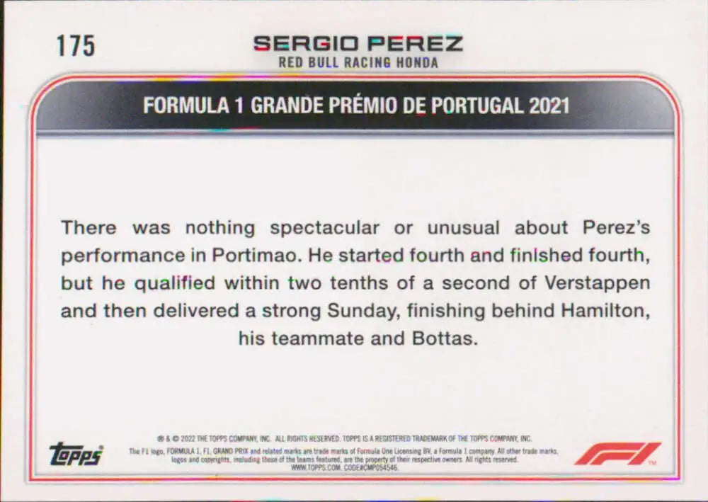 Sergio Perez 2022 Topps Formula 1 #175 Racing Card from the 2021 Portuguese Grand Prix