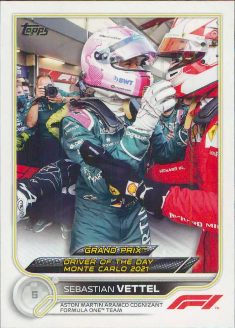 Formula 1 Racing Card of Sebastian Vettel in Green Aston Martin Suit by Topps Formula