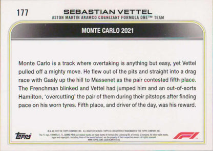 Formula 1 trading card of Sebastian Vettel at the 2021 Monte Carlo race, Topps Formula 1