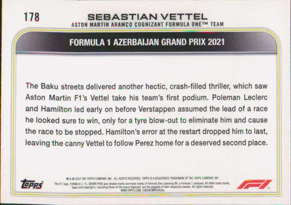 Formula 1 trading card featuring Sebastian Vettel and 2021 Azerbaijan Grand Prix results