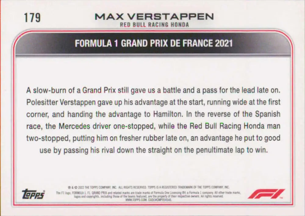 Max Verstappen Topps Formula 1 trading card from the 2021 French Grand Prix race action