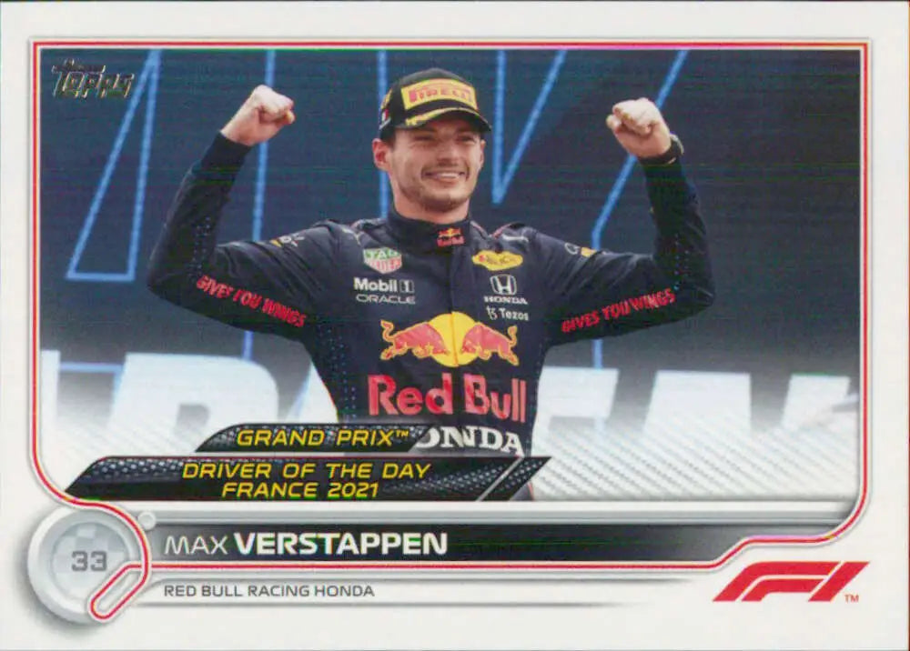 Max Verstappen celebrating on 2022 Topps Formula 1 #179 Racing Card