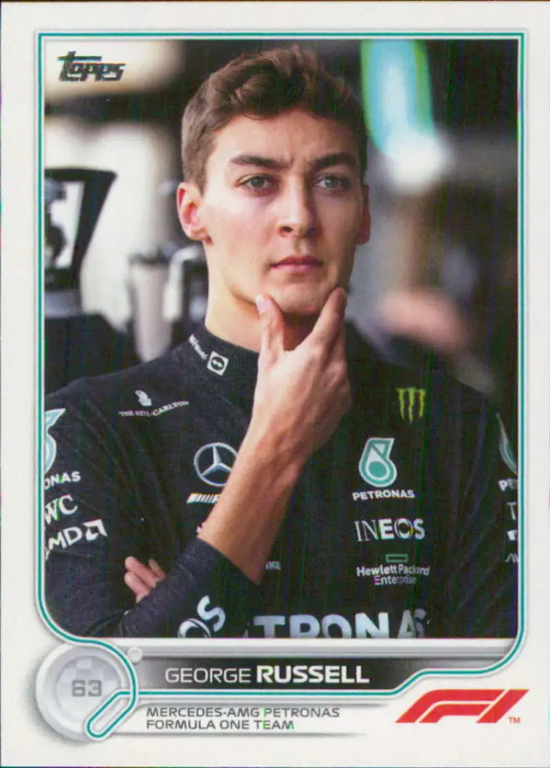 George Russell in black Mercedes-AMG uniform on 2022 Topps Formula 1 racing card