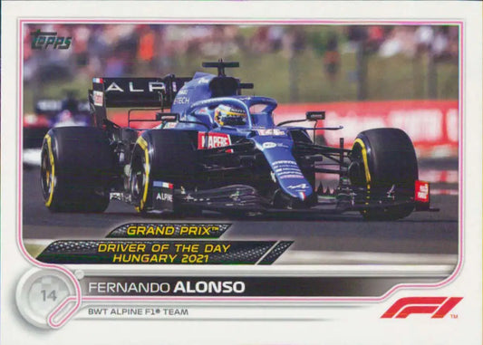 Blue Alpine Formula 1 car with black accents featuring Fernando Alonso on a racing circuit