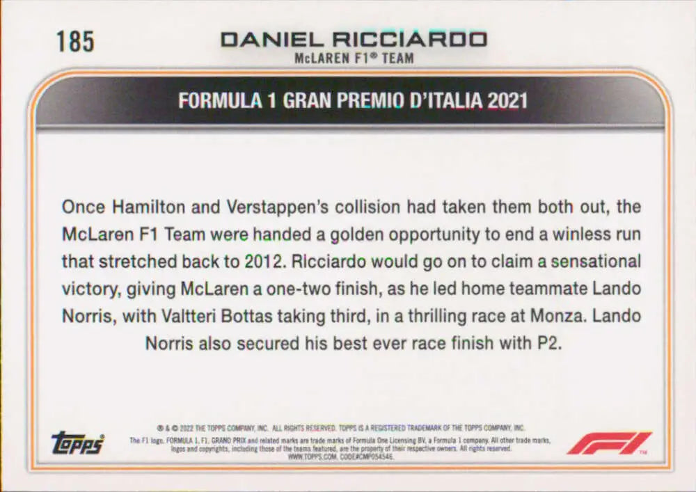 Trading card featuring Daniel Ricciardo’s McLaren victory at the 2021 Italian Grand Prix