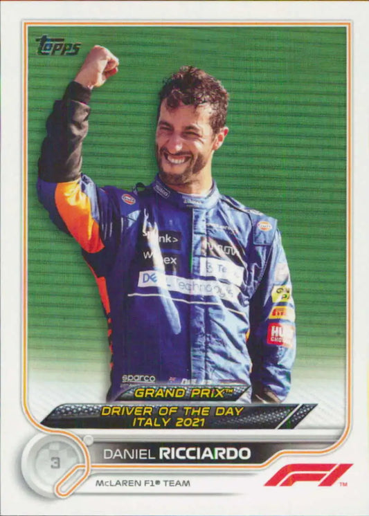 Daniel Ricciardo celebrates in McLaren uniform on 2022 Topps Formula 1 racing card