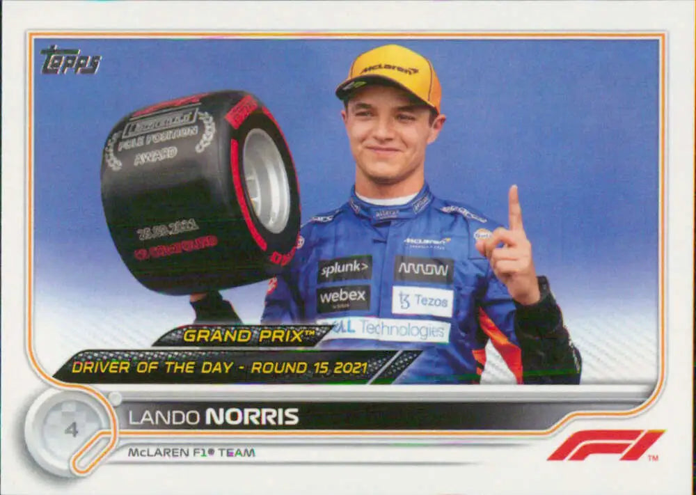 Lando Norris holding a Pirelli tire and a number one gesture on Topps Formula racing card