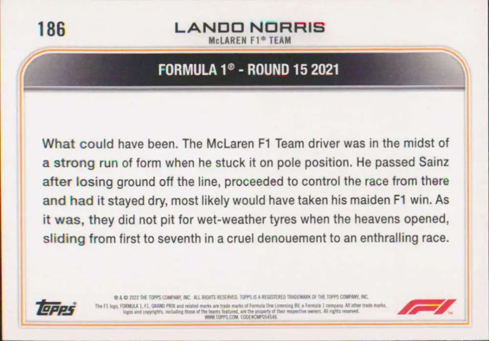 Lando Norris 2022 Topps Formula 1 #186 Racing Card highlighting 2021 Round 15 incident