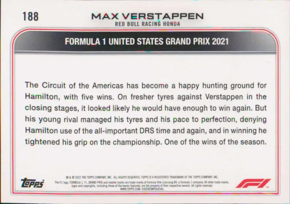 Max Verstappen Racing Card from Topps Formula 1 2021 US Grand Prix Season