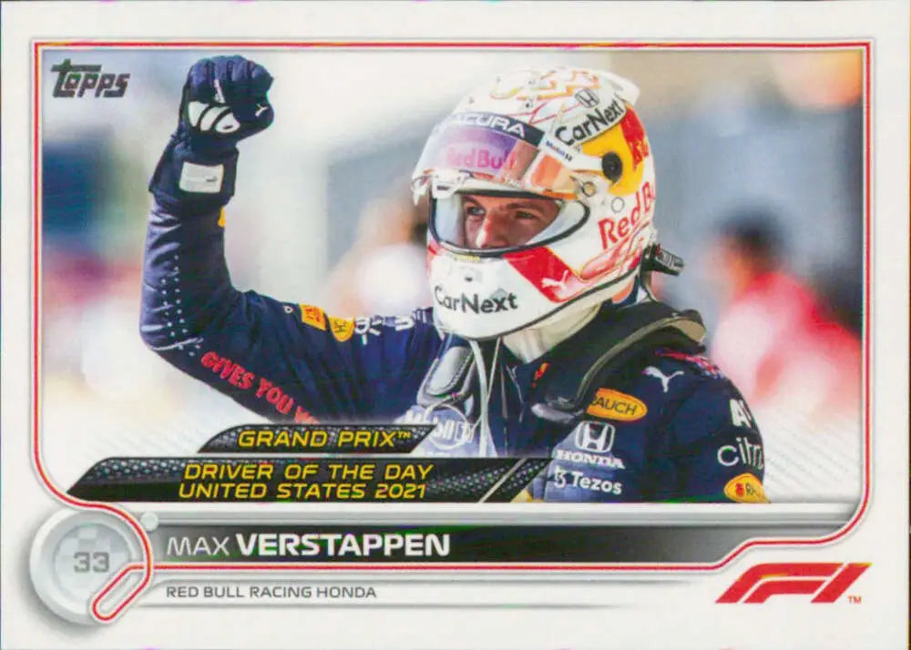 Max Verstappen celebrates in Red Bull helmet on 2022 Topps Formula 1 racing card