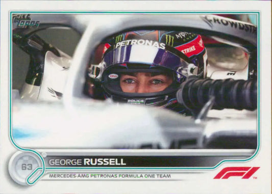 George Russell in purple and white helmet inside Formula 1 car cockpit on Topps Formula racing card