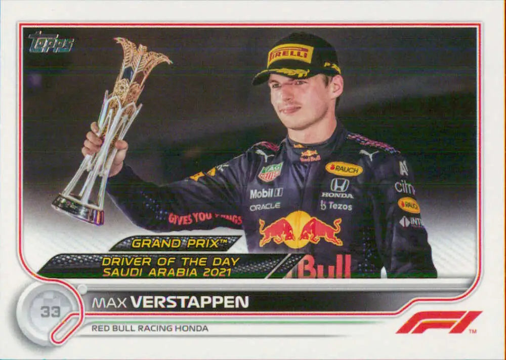 Max Verstappen holding a trophy on 2022 Topps Formula 1 #192 racing card