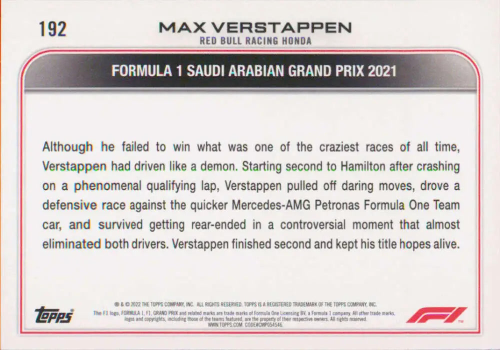 Max Verstappen Racing Card from 2022 Topps Formula 1 Saudi Arabian Grand Prix