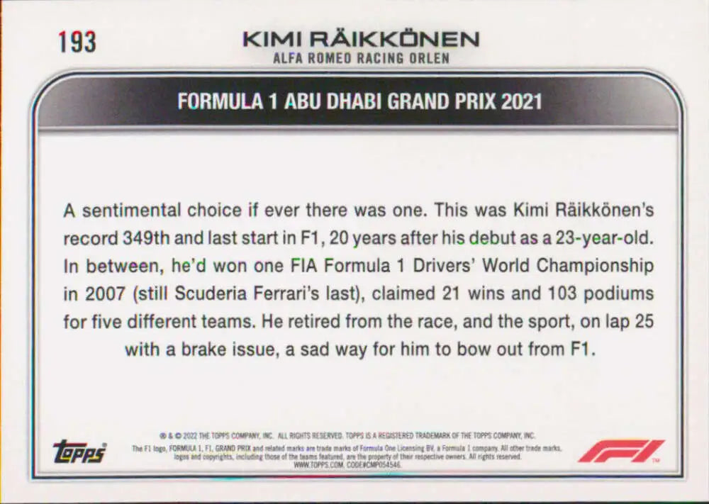 Trading card of Kimi Raikkonen from Topps Formula 1 2021 Abu Dhabi Grand Prix