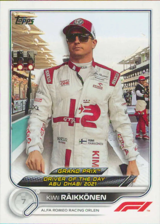 Kimi Raikkonen in Alfa Romeo overalls featured on 2022 Topps Formula 1 racing card