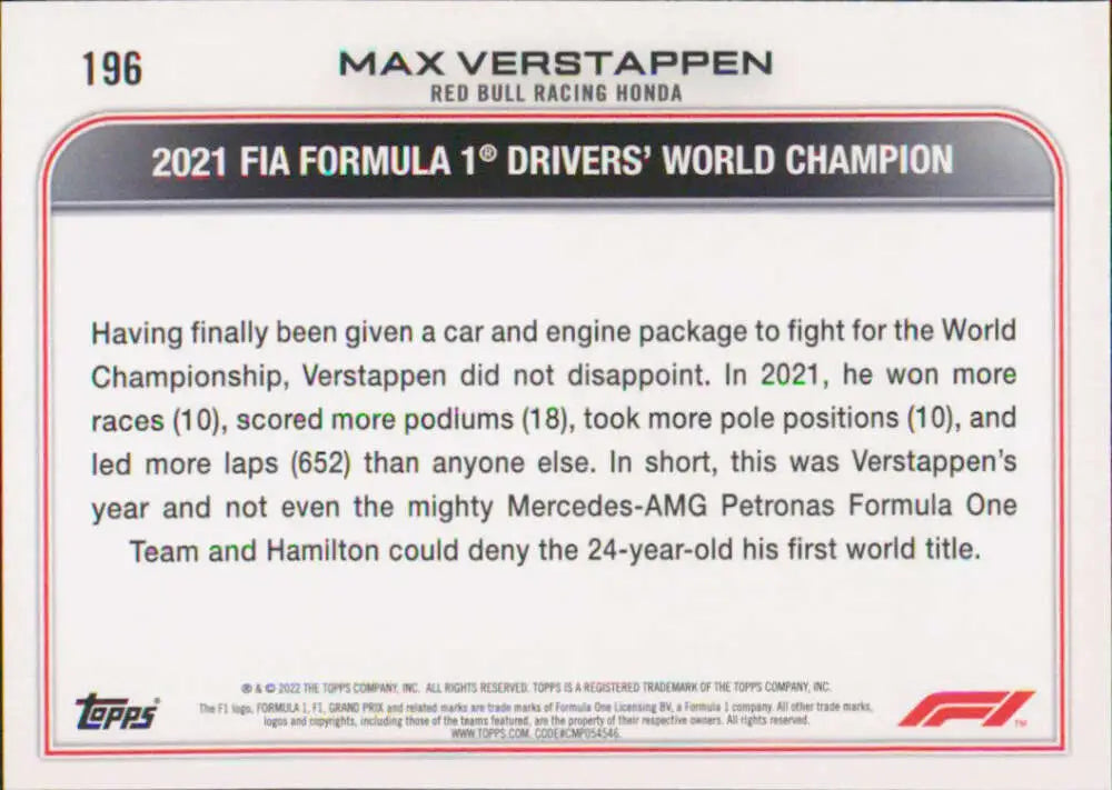 Max Verstappen 2022 Topps Formula 1 #196 racing card with 2021 World Championship stats