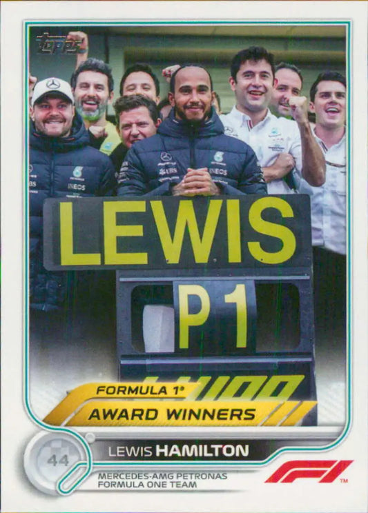 Formula 1 team celebrates Lewis Hamilton P1 victory with NM-MT Racing Card display