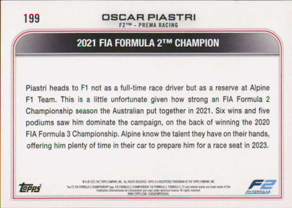 Oscar Piastri 2021 FIA Formula 2 Championship card from Topps Formula 1 card collection