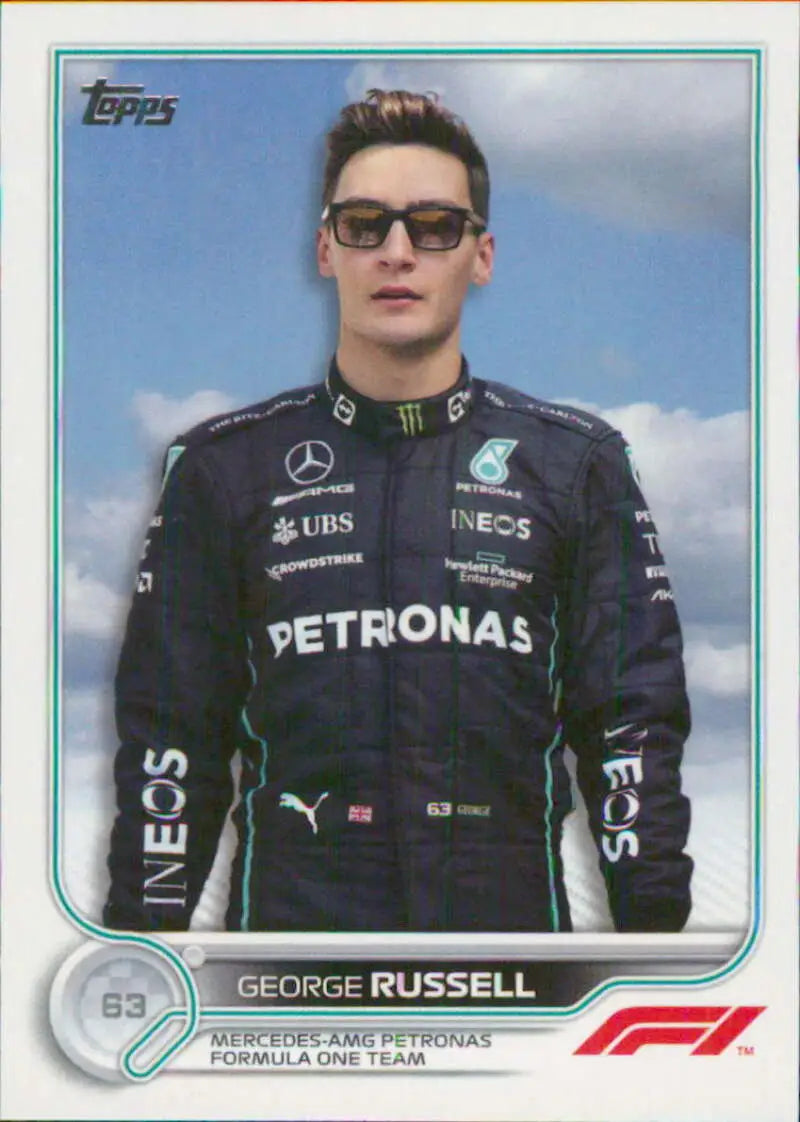 Topps Formula 1 trading card featuring George Russell in Mercedes-Petronas racing attire