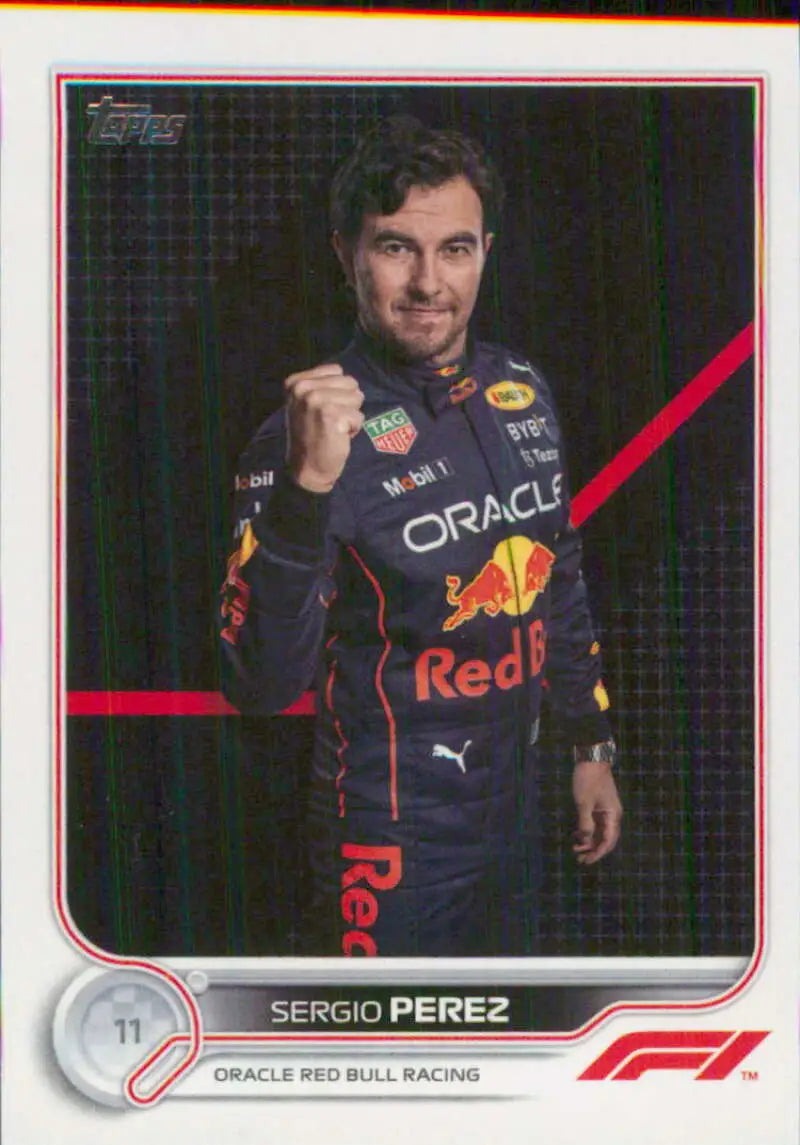 Sergio Perez racing card from 2022 Topps Formula 1 featuring Oracle Red Bull Racing attire