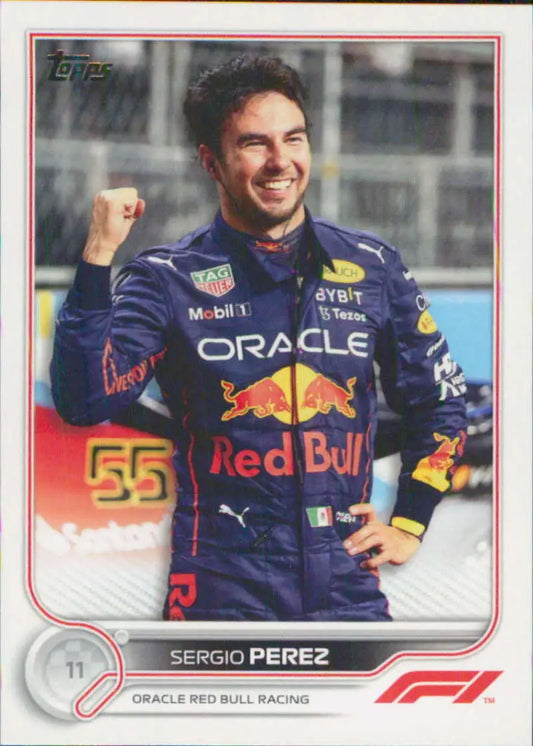 Sergio Perez Topps Formula 1 racing card featuring Red Bull Racing in blue Oracle suit