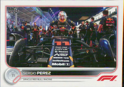 Formula 1 Red Bull Racing car with Oracle and Mobil 1 sponsorship on 2022 Topps Formula Sergio Perez Racing Card