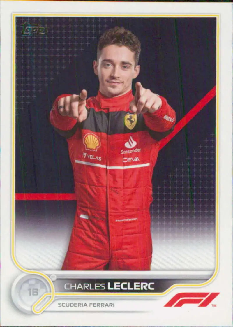 Charles Leclerc in red Ferrari uniform pointing at camera for Topps Formula 1 Racing Card