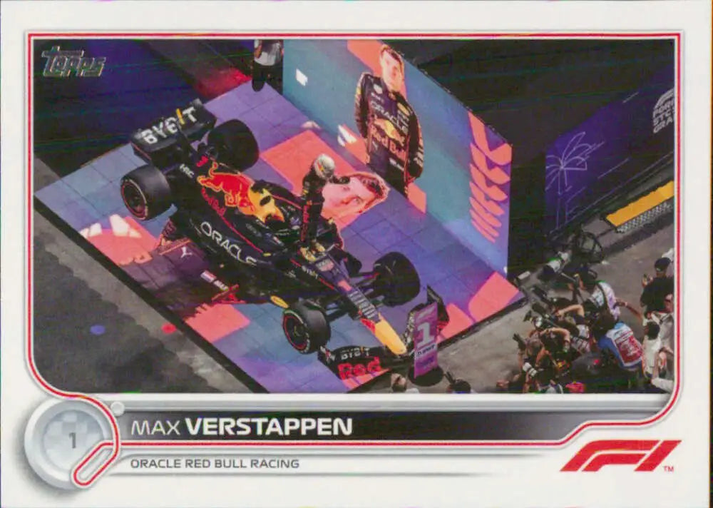 Above view of Max Verstappen’s Red Bull Racing car on a colorful track, Topps Formula 1 card