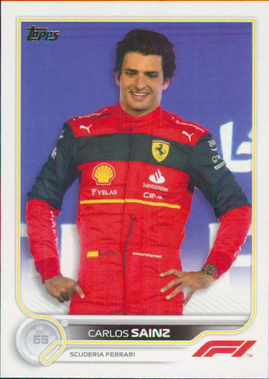 Carlos Sainz in red Ferrari uniform on 2022 Topps Formula 1 racing card