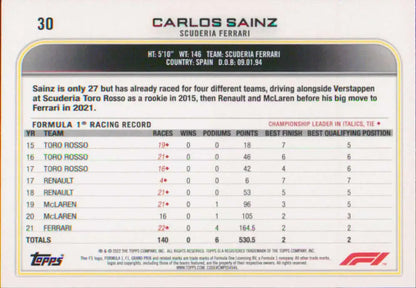 Carlos Sainz Racing Card showcasing Topps Formula 1 performance statistics and records