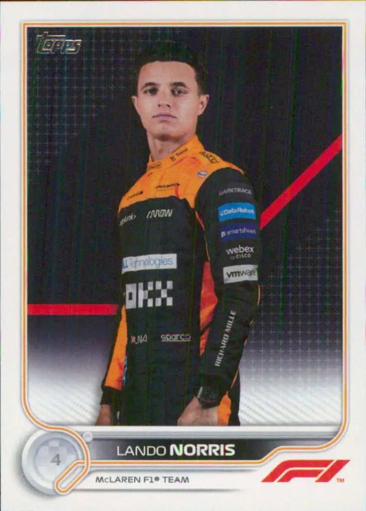 Lando Norris 2022 Topps Formula 1 racing card featuring McLaren team member in orange attire