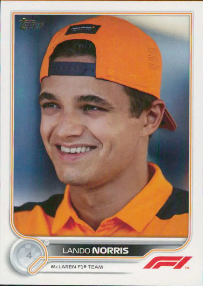 Lando Norris in an orange McLaren cap on 2022 Topps Formula 1 racing card