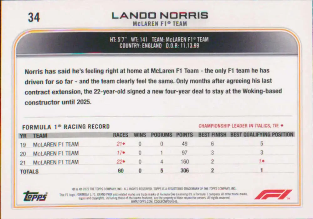 Lando Norris Racing Card featuring Topps Formula 1 statistics for McLaren F1 Team