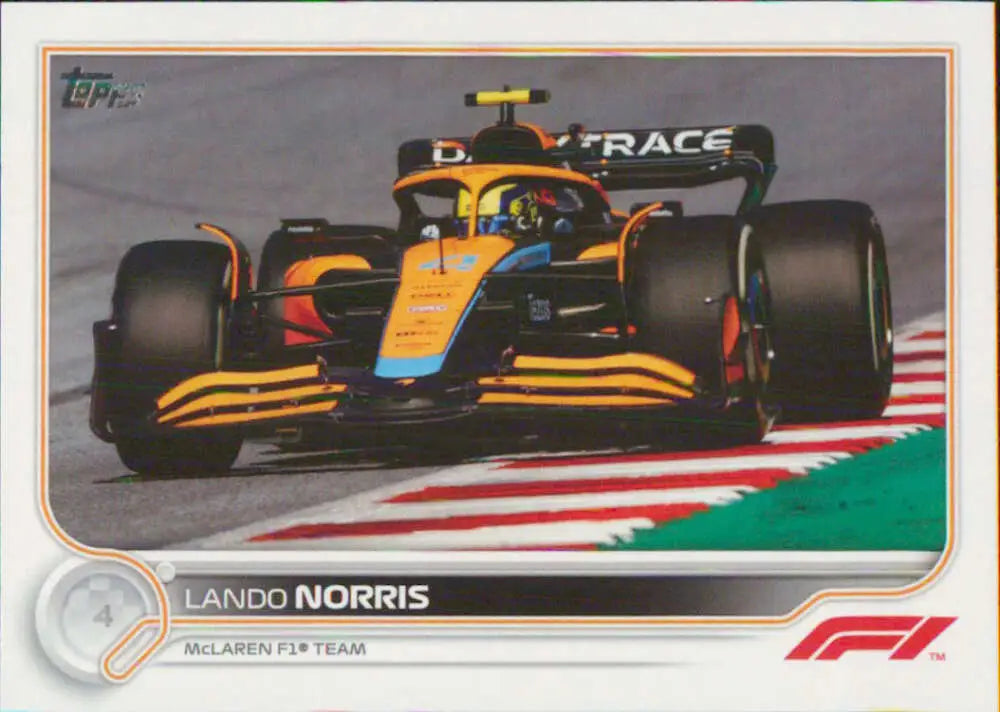 Orange and blue McLaren Formula 1 car featuring Lando Norris on race track for Topps Formula 1