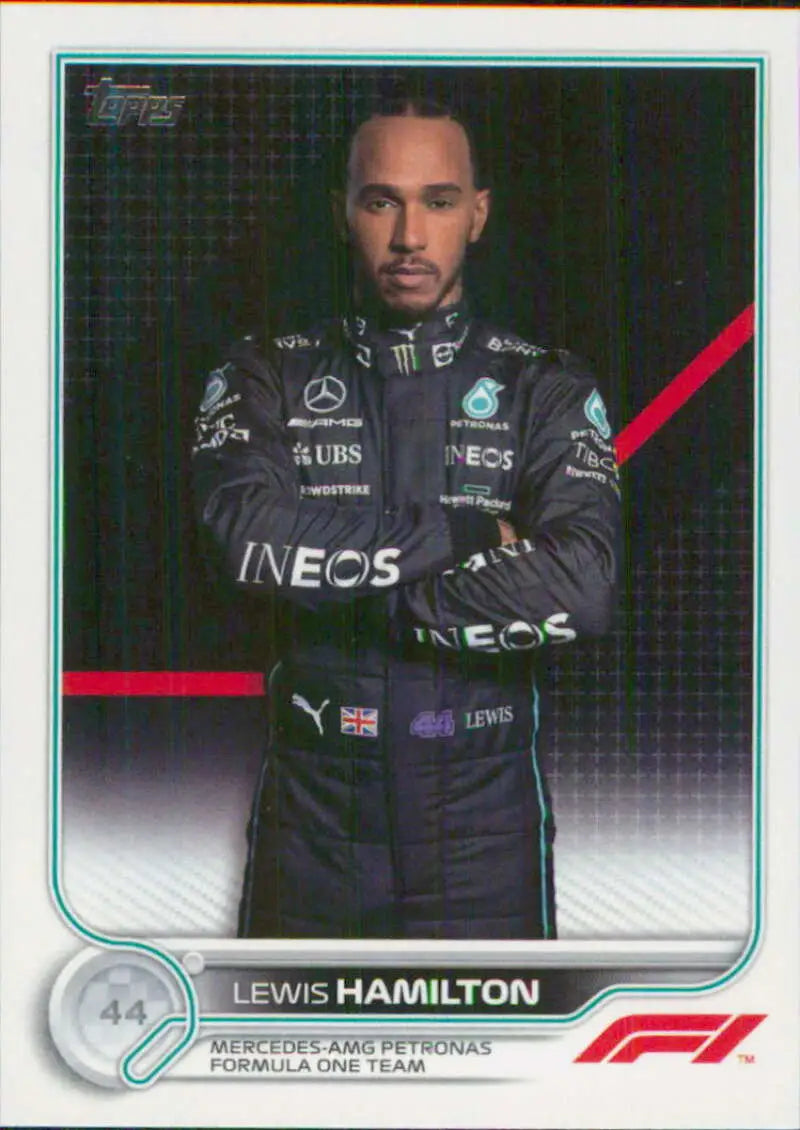 Lewis Hamilton in black Mercedes-AMG suit on 2022 Topps Formula 1 racing card