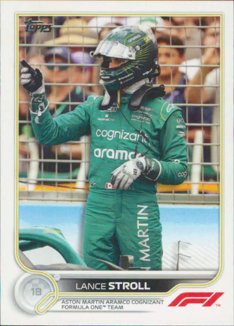 Lance Stroll celebrating in green Aston Martin suit on Topps Formula 1 racing card