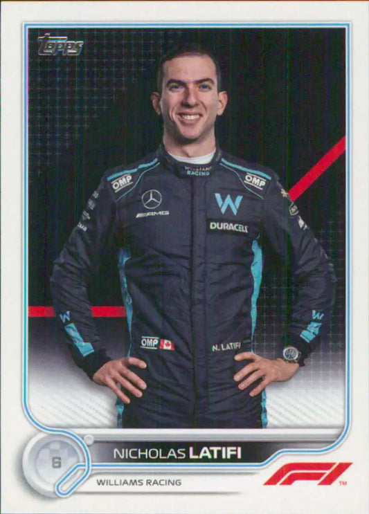 Nicholas Latifi in dark Williams Racing suit on 2022 Topps Formula 1 racing card