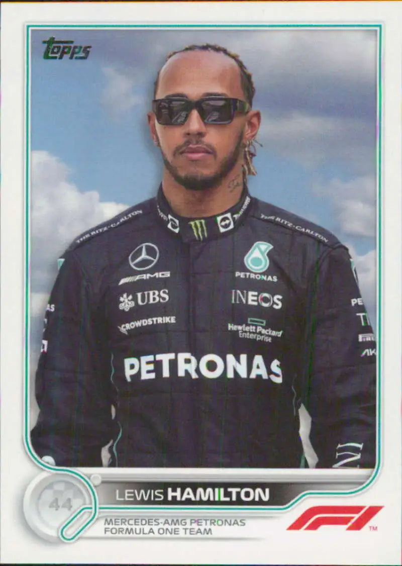 Lewis Hamilton in sunglasses and Mercedes uniform on Topps Formula 1 racing card