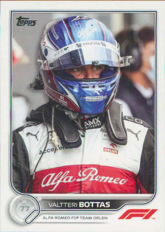 Valtteri Bottas in purple and blue helmet, Alfa Romeo gear on Topps Formula 1 racing card