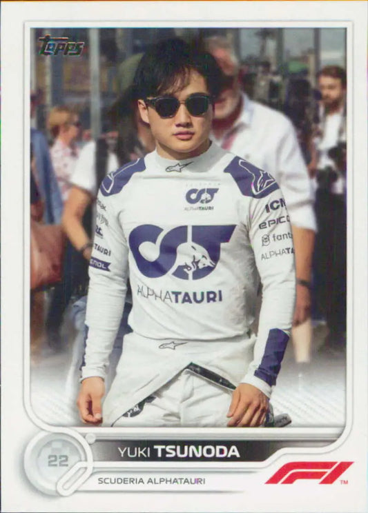 2022 Topps Formula 1 racing card of Yuki Tsunoda in team gear and sunglasses