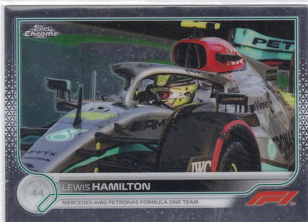 Lewis Hamilton Mercedes Formula 1 car featuring halo safety device in Topps Formula product