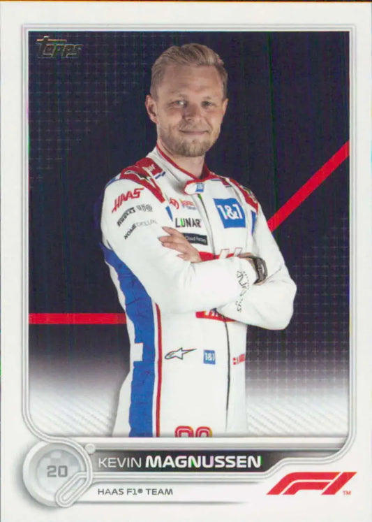 Kevin Magnussen in white Haas F1 attire on Topps Formula 1 racing card #73